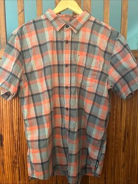 Prana Men's Short-Sleeve Plaid Button-Down Shirt - Blue, Coral & Gray